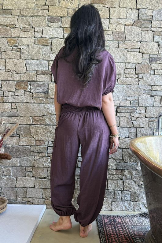 Basso Button Drape Cap Sleeve Shirt Deep Damson
